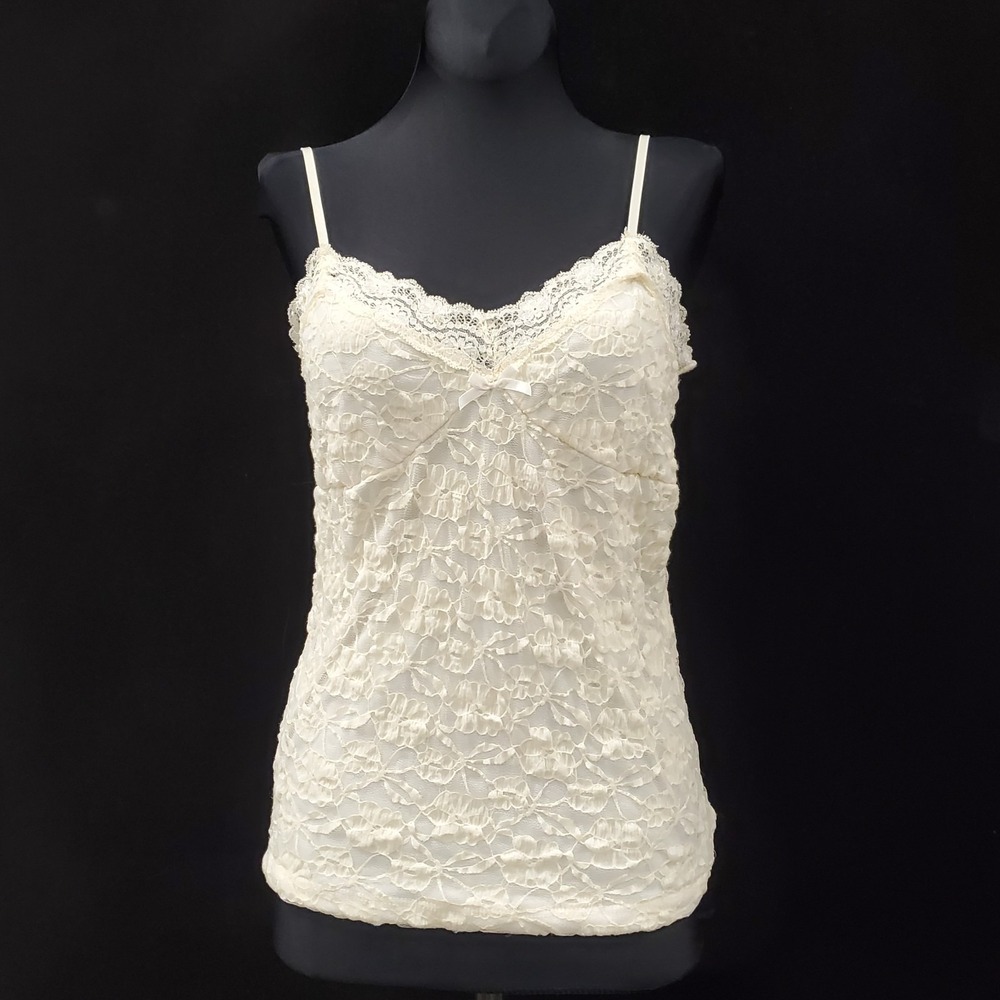 Vtg Y2K Lace Babydoll Top Size L Beaded Indie Sleaze Ivory Bow Coquette Layer